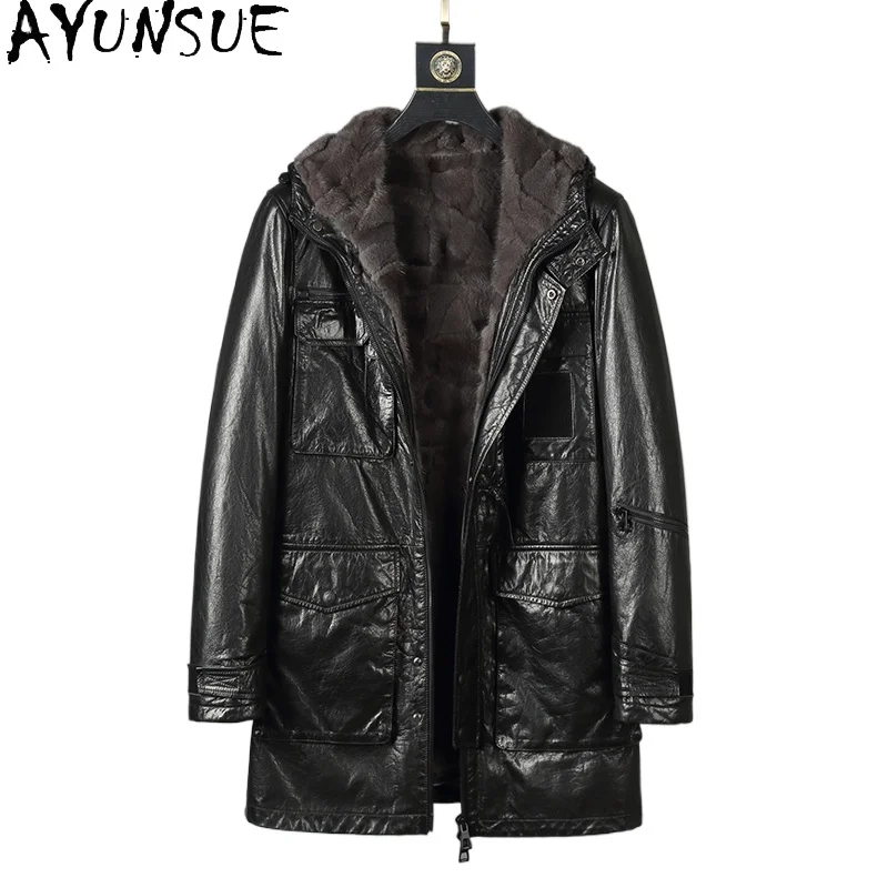 AYUNSUE Genuine Cow Leather Jacket Men Hooded Winter Luxury 2025 Mink Fur Lining Jackets Mid-length Black Warm Real Fur Coat Man