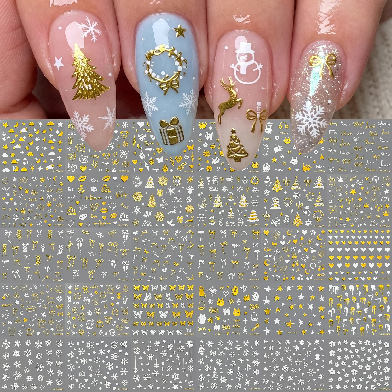 30Pcs 3D Bronzing Christmas Nail Stickers Gold Bow Heart Star Snowflake Xmas Tree Cat Pattern Embossed Nail Decals Nail Sliders