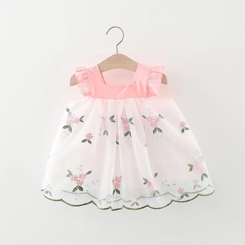 Children\'s Dress Summer Baby Girl Small Flying Sleeves Square Neck Panel Mesh Flower Embroidered Princess Dress