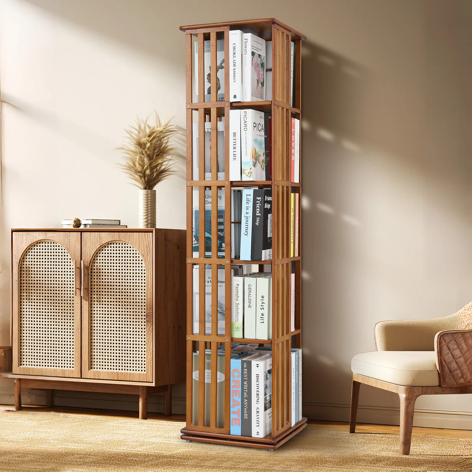 

5 Tiers Bamboo Rotating BookshelfFreestanding Open Shelving Storage Rack Brown
