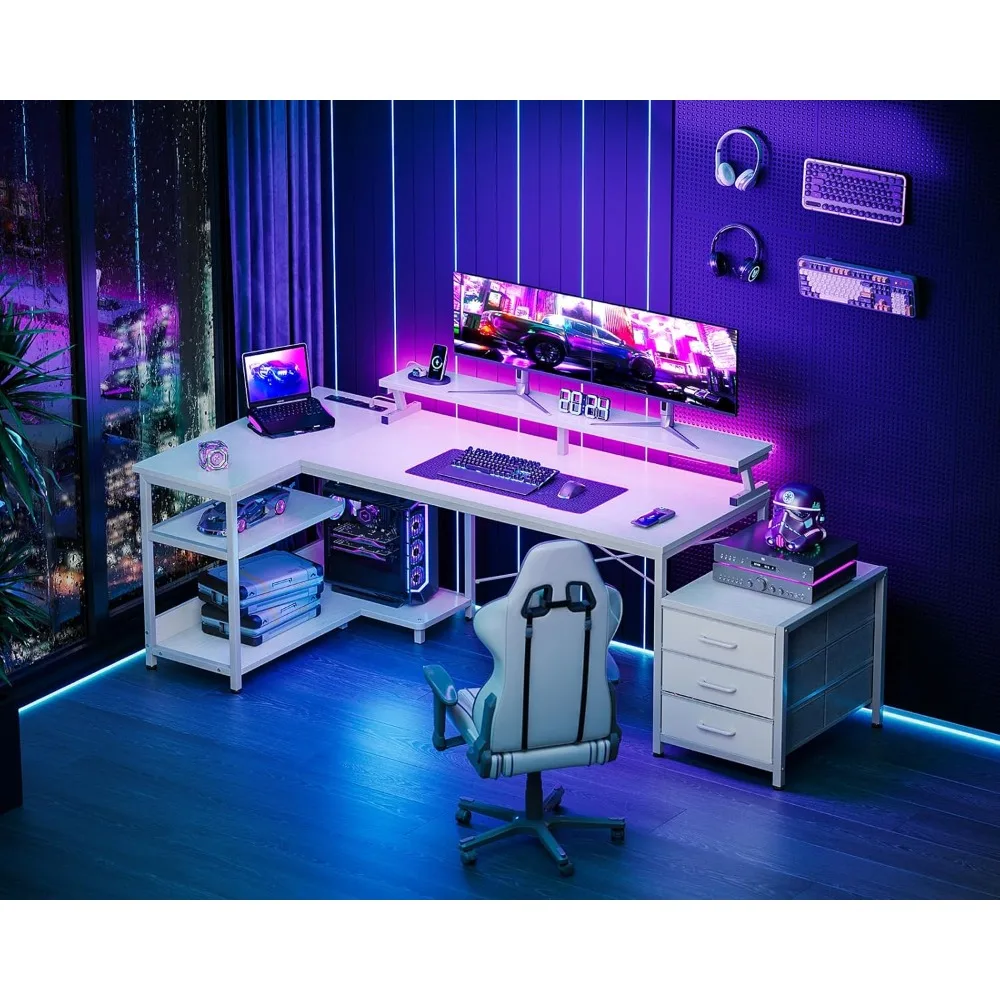 L Shaped Gaming Desk with Drawers, Reversible Corner Computer Desk with LED Lights , Large Home Office Desk Storage Shelf