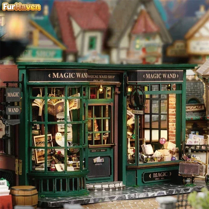 Retro DIY Wooden Magic Wand House Figurines Miniature Kits With Furniture LED Light Home Desk Decoration For Adult Handmade Gift