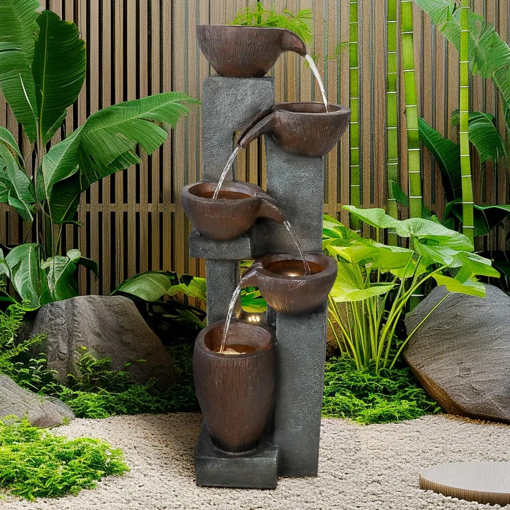 Modern Outdoor Fountain 5 Crocks with LED Light for Garden Patio Deck Porch Backyard Home Art Decor view 6