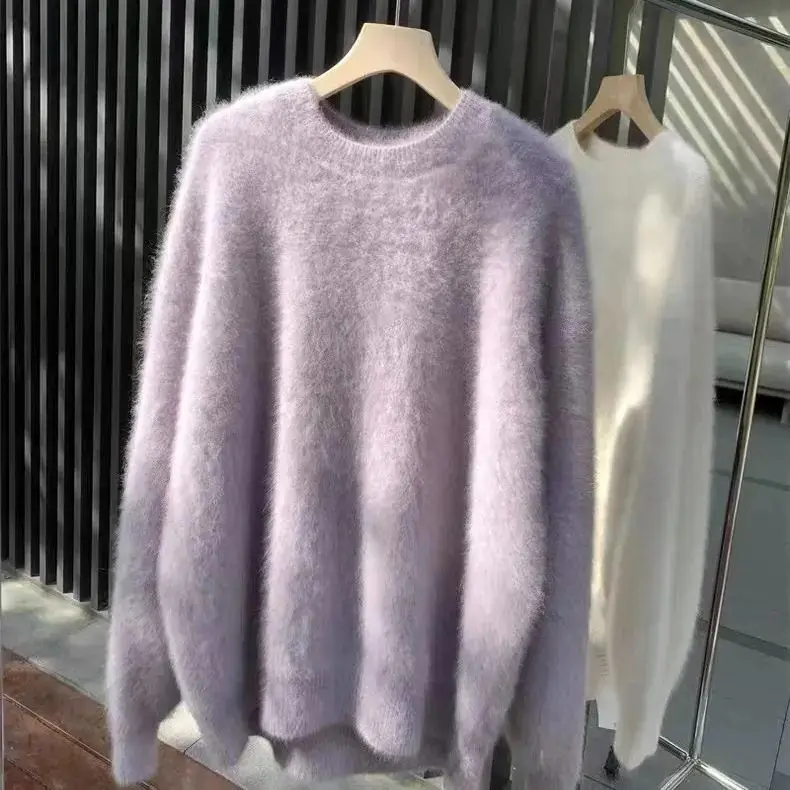

Mohair Purple Fluffy Thick Sweater Women, Loose Thickened Knitwear For Autumn Winter