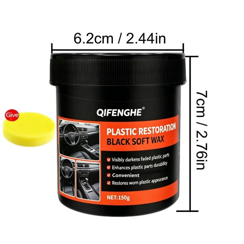 QIFENGHE 150g Plastic Restoration Black Soft Wax, Darken Faded Trim & Restore Car Plastic Parts + Sponge
