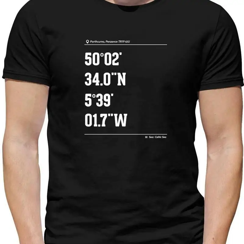 Surfing Coordinates Porthcurno Mens T Shirt Surf Surfer Beach Board Sea