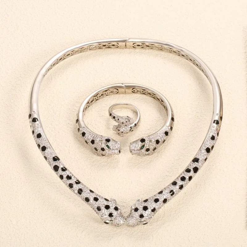 Designer Style Party Ring Bracelet Choker Necklace Inlay Cubic Zircon Black Enamel Spots Double Leopard Panther Jewelry Sets