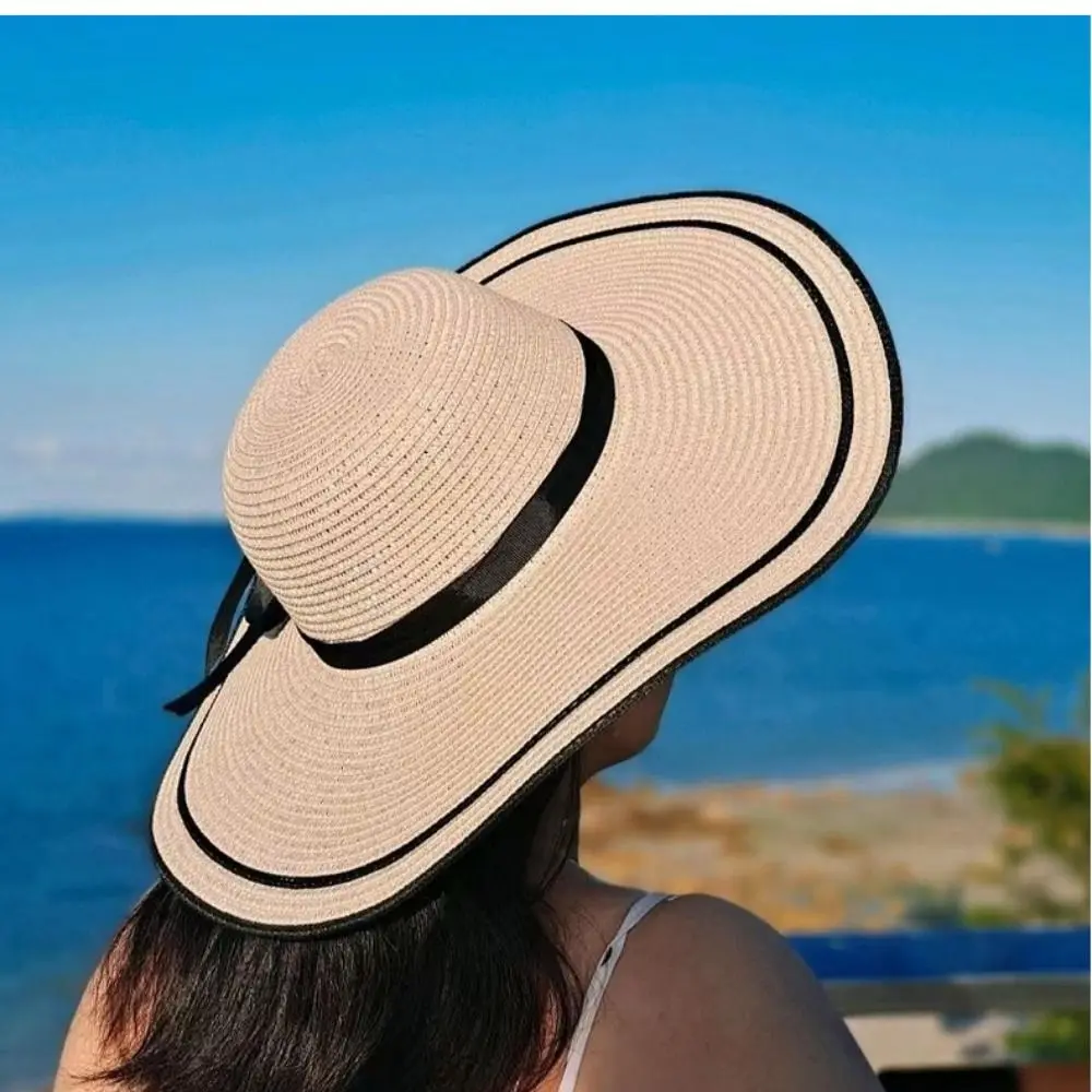 Portable Wide Brim Straw Hat Casual Summer Ribbon Bow Tie Straw Cap Travel Large Brim Beach Hat Women