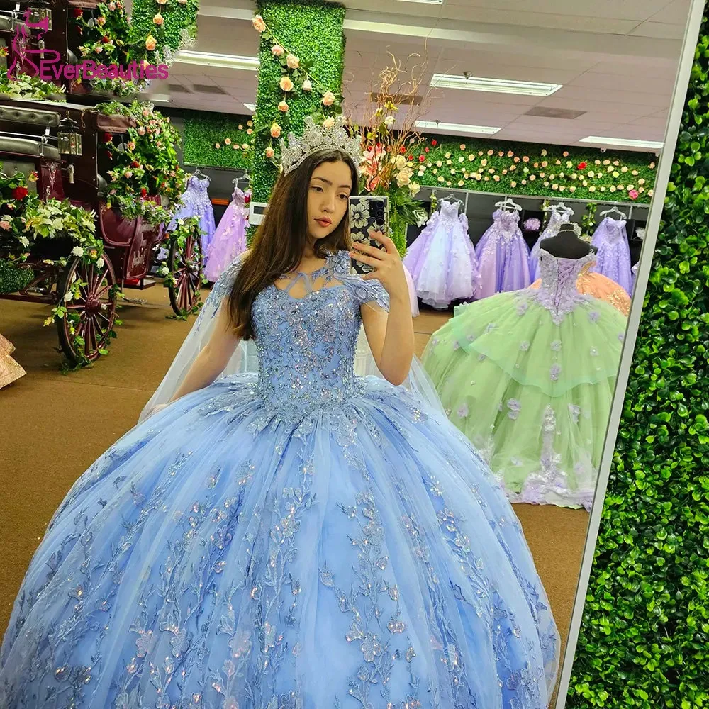 Quinceanera Dress for Women Sweet 15 Dress Vestidos De 15 Quinceañera Ball Gown Tulle Appliques Prom Dress with Cape