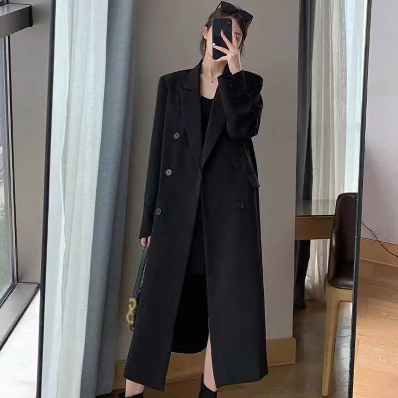 Lucyever Korean Style Chic Office Lady Long Blazers Elegant Double Breasted Blazer Jacket Women Fashion Streetwear Trench Coat