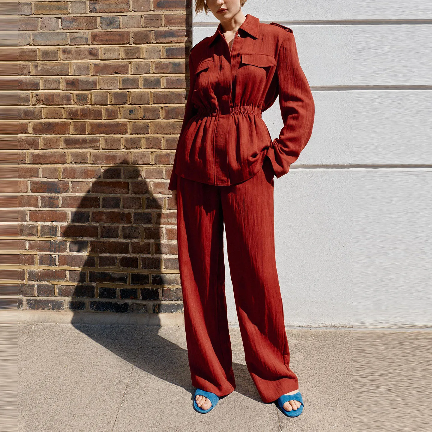Women's Fashion Long Sleeve Turn-down Collar Padded Shoulder Hunting Style Coat High Waist Draping Loose Pants Two-piece Set