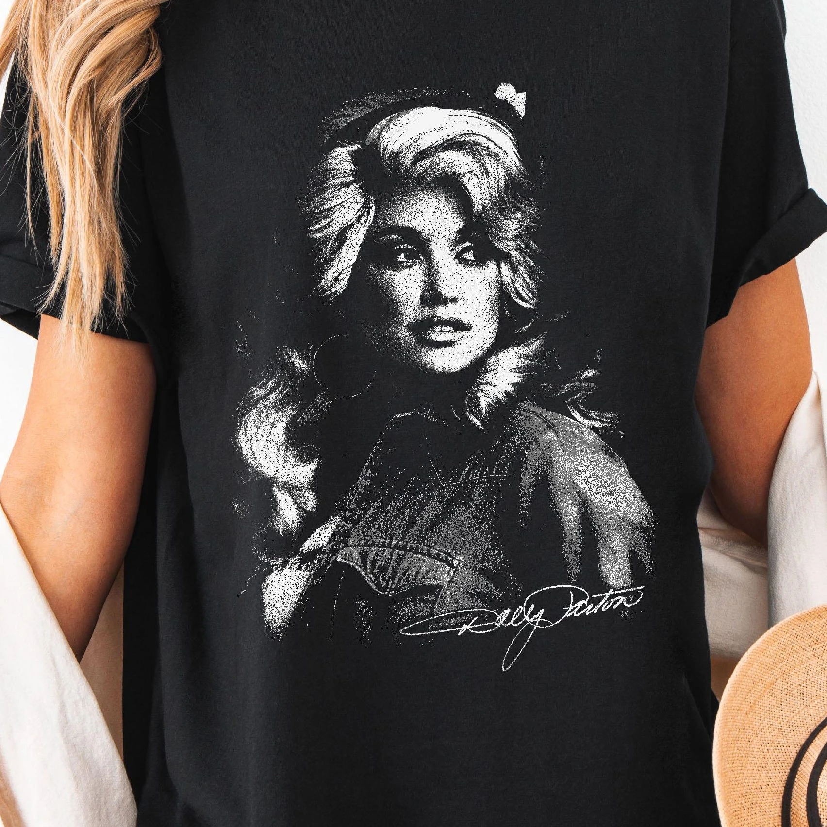 Dolly Parton Signature Shirt, Retro Country Music T-shirt Printed Pattern T-shirt, Women's Daily T-shirt