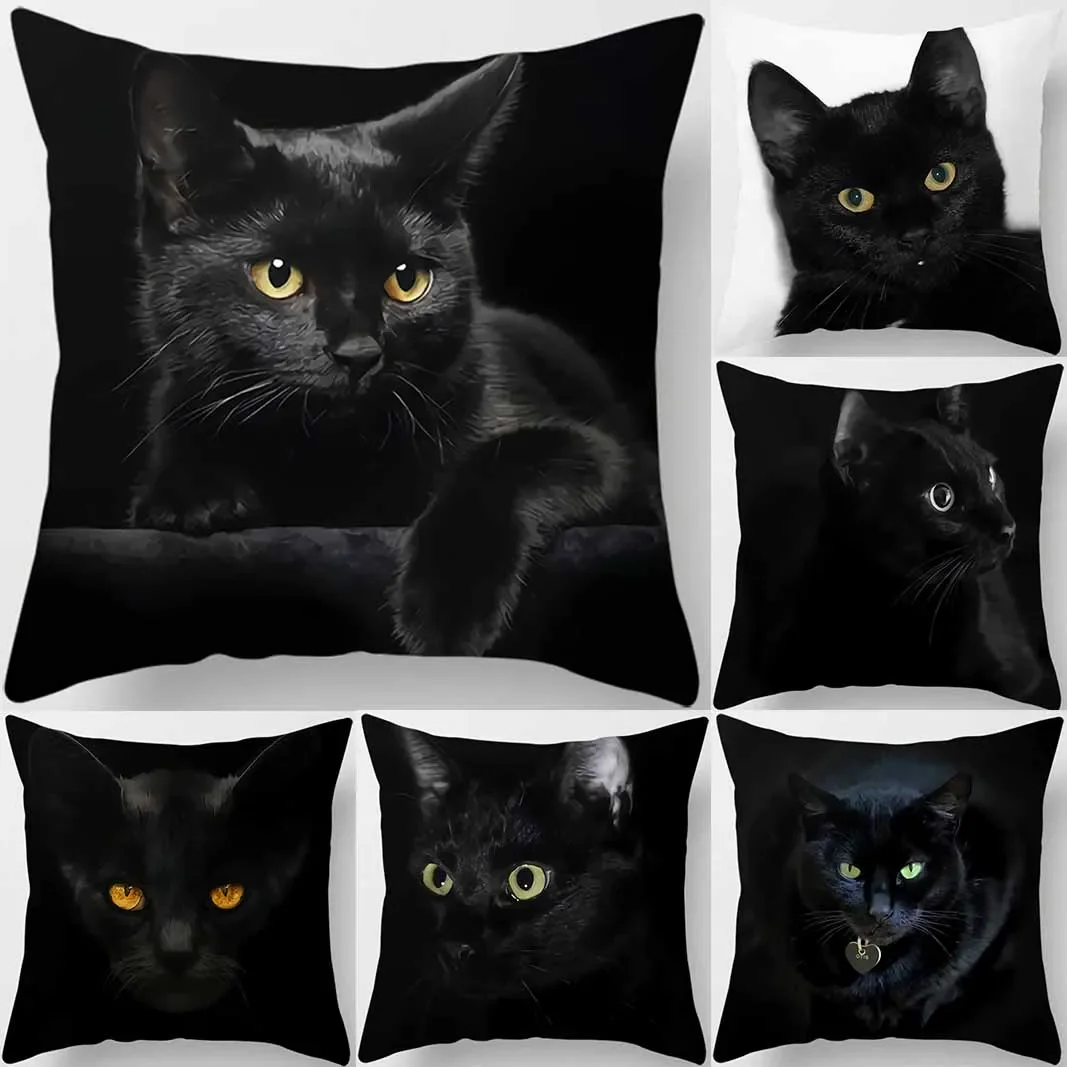 VIKAMA Adorable Black Cat Print Pillowcase Soft And Dirt-Resistant, For Study, Living Room, Or Bedroom Decorative Pillow Cover