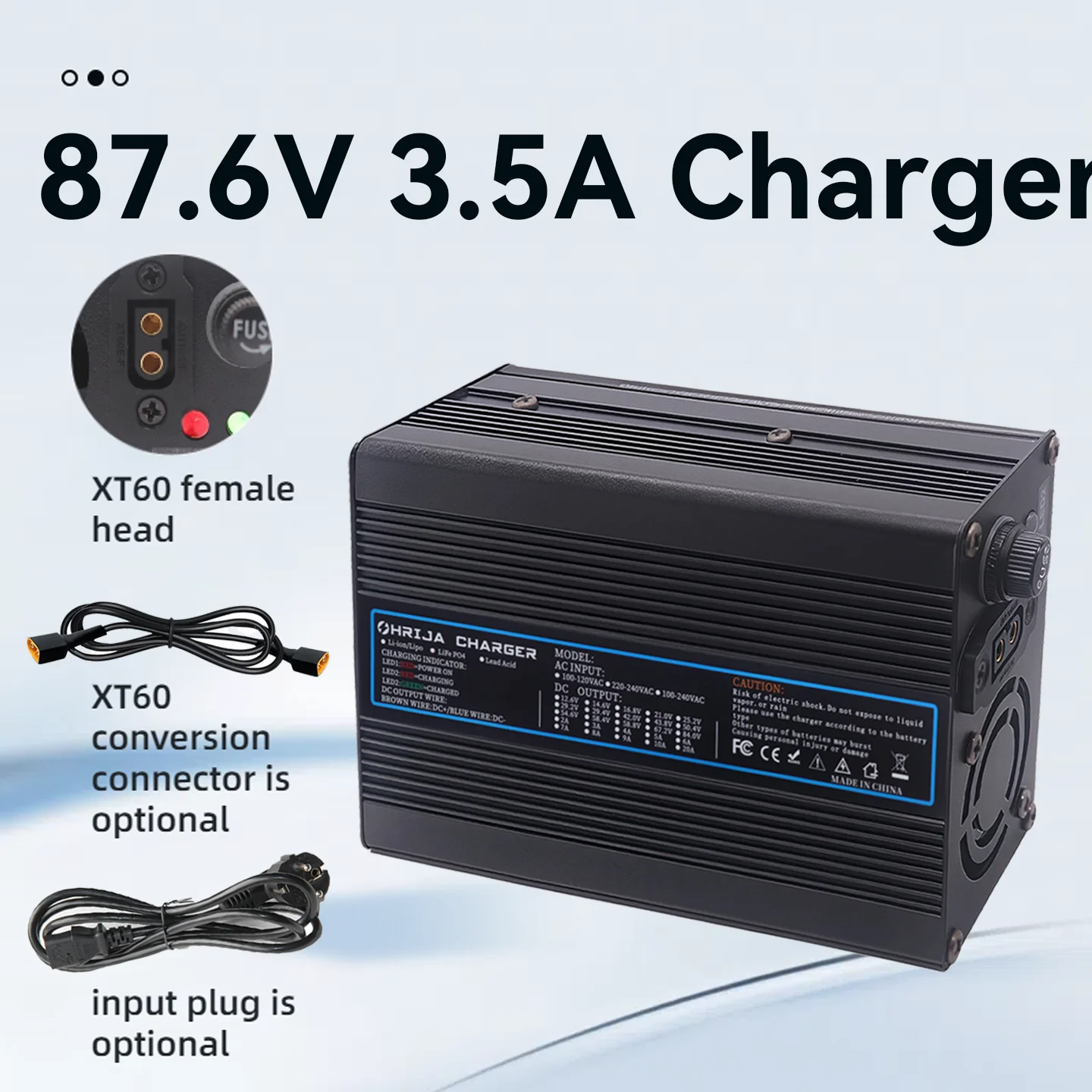 

87.6V 3.5A charger quick aluminum shell suitable for 24S 76.8V LiFePO4 Battery Charger detachable connector plug is optional