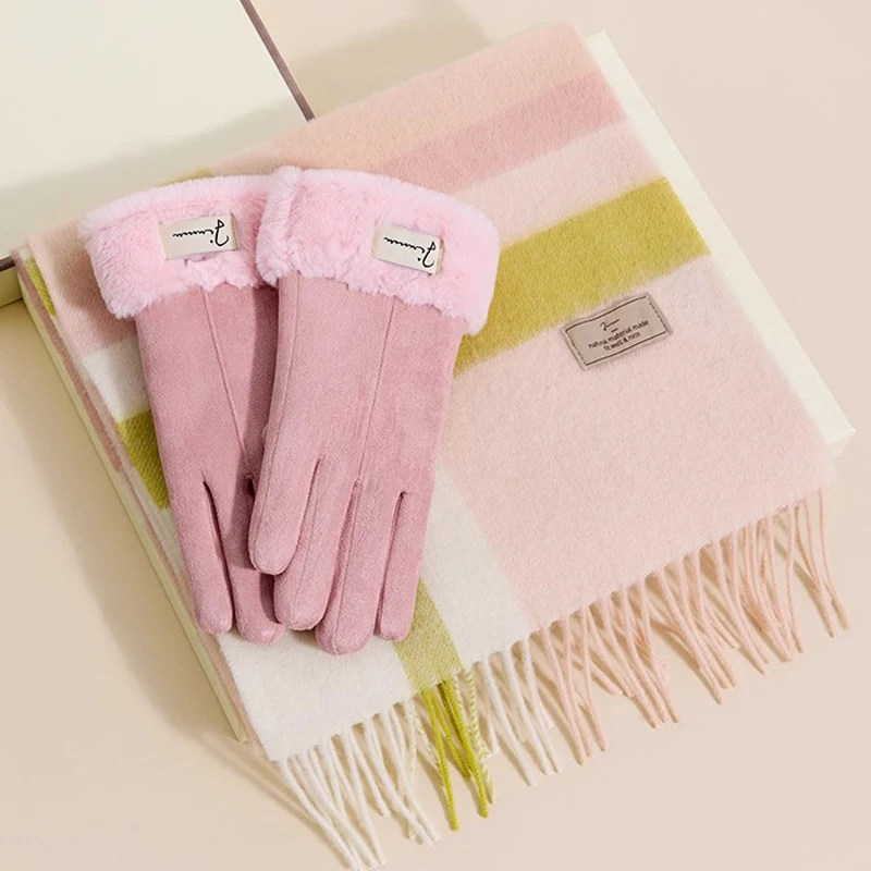 Women's Cashmere-Like Scarf And Glove 2pc Set Soft Warm Winter Accessories Pink Color with Gift Box for Mother Or Girls