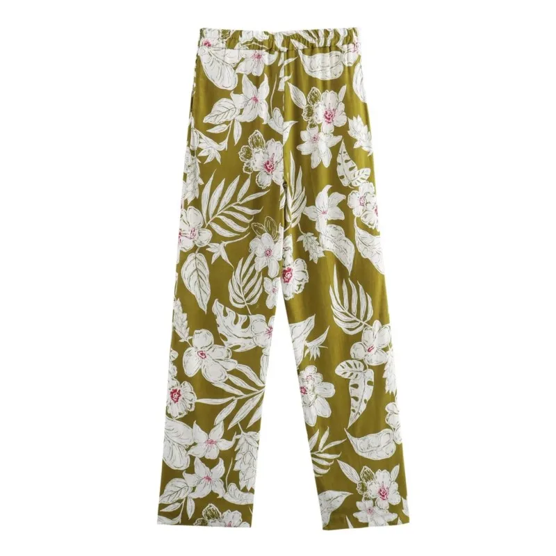 TRAF Lady  Linen blend flower printed pants For Casual Exquisite England Vacation style full length Loose Elastic Waist Pants