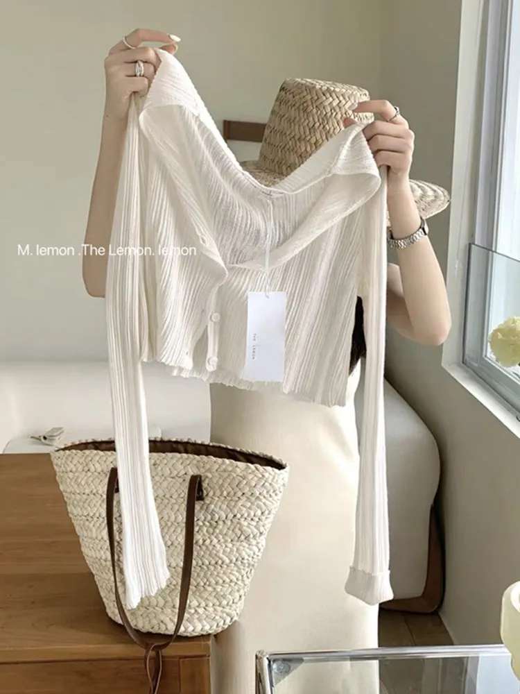 White Ice Silk Knitted Sun Protection Cardigan Women's Thin Outerwear Shawl Summer Match Halter Dress Outer Small Cover up