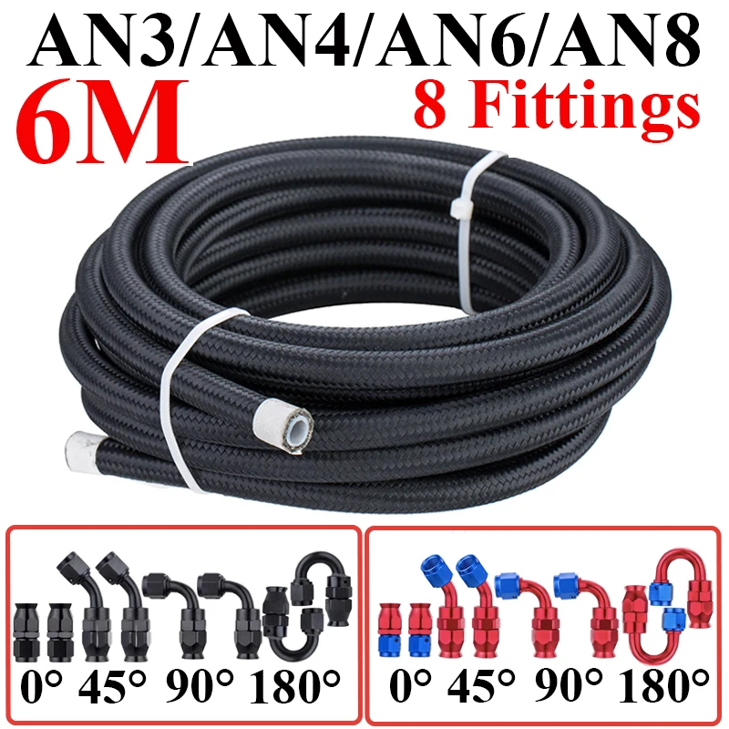 Swivel Hose End Fittings 6M/19.6FT AN3 AN4 AN6 AN8 E85 Nylon PTFE Fuel Hose Car Oil Gas Cooler Line Pipe Tube 0 45 90 180 Degree