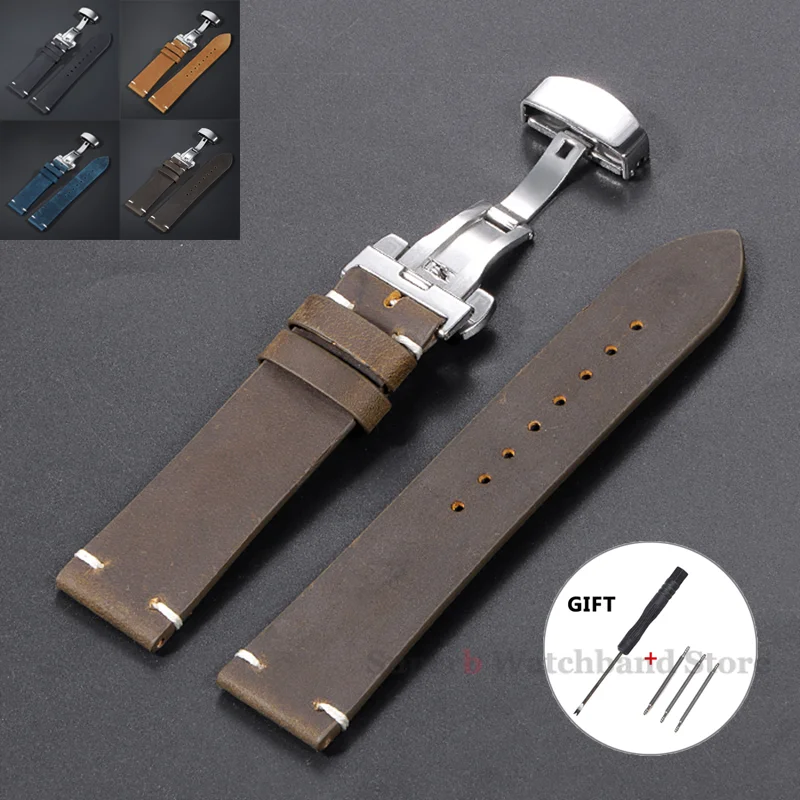 Tali Kulit Sapi Jahitan untuk Omega 18/19/20/21/22/24Mm untuk Gelang Tangan Tali Jam Tangan Kulit Antik untuk Gesper Kupu-kupu Seiko