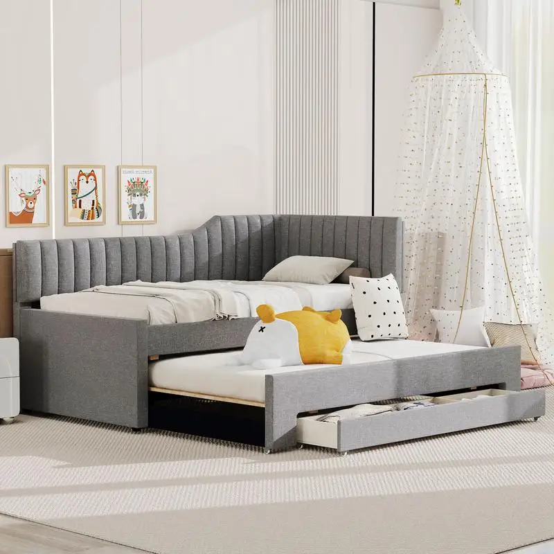 سرير نهاري منجد باللون الرمادي مع دولاب و3 أدراج - حل أثاث غرفة نوم أنيق وعملي #1