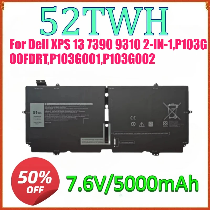 New 52TWH XX3T7 X1W0D 7.6V 5000mAh Laptop Battery For Dell XPS 13 7390 9310 2-IN-1,P103G 00FDRT,P103G001,P103G002