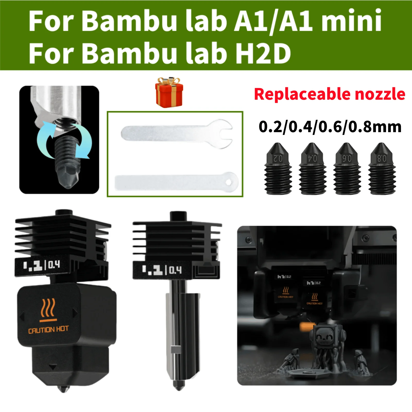 

Hotend Kit For Bambu Lab H2D Fast Speed Hot End Assembly 0.2/0.4/0.6/0.8mm Hardened steel Nozzle For Bambu lab H2D A1/A1MINI