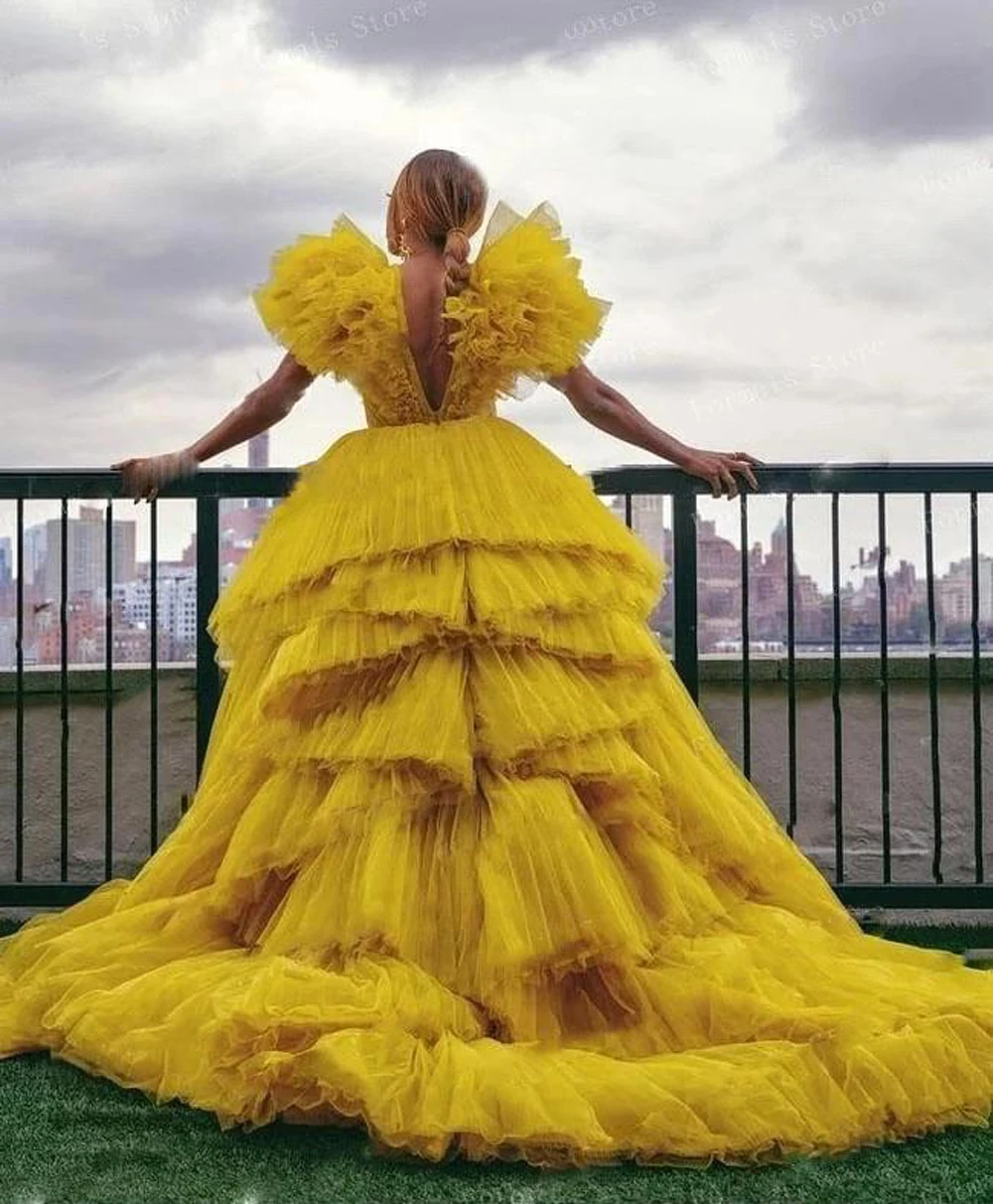 Vestidos De Noche De tul con escote en V profundo De cúrcuma Vintage, Vestidos De novia con volantes De tren, Fiesta De graduación formales para Vestidos De novia, Vestidos escalonados