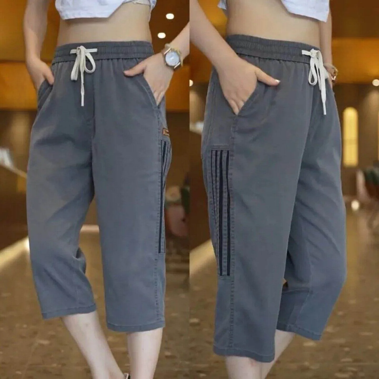 

Summer Thin Seven-Quarter Straight Leg Pants Breathable Casual Trousers for Work American Stripe Style Loose Fit Shorts
