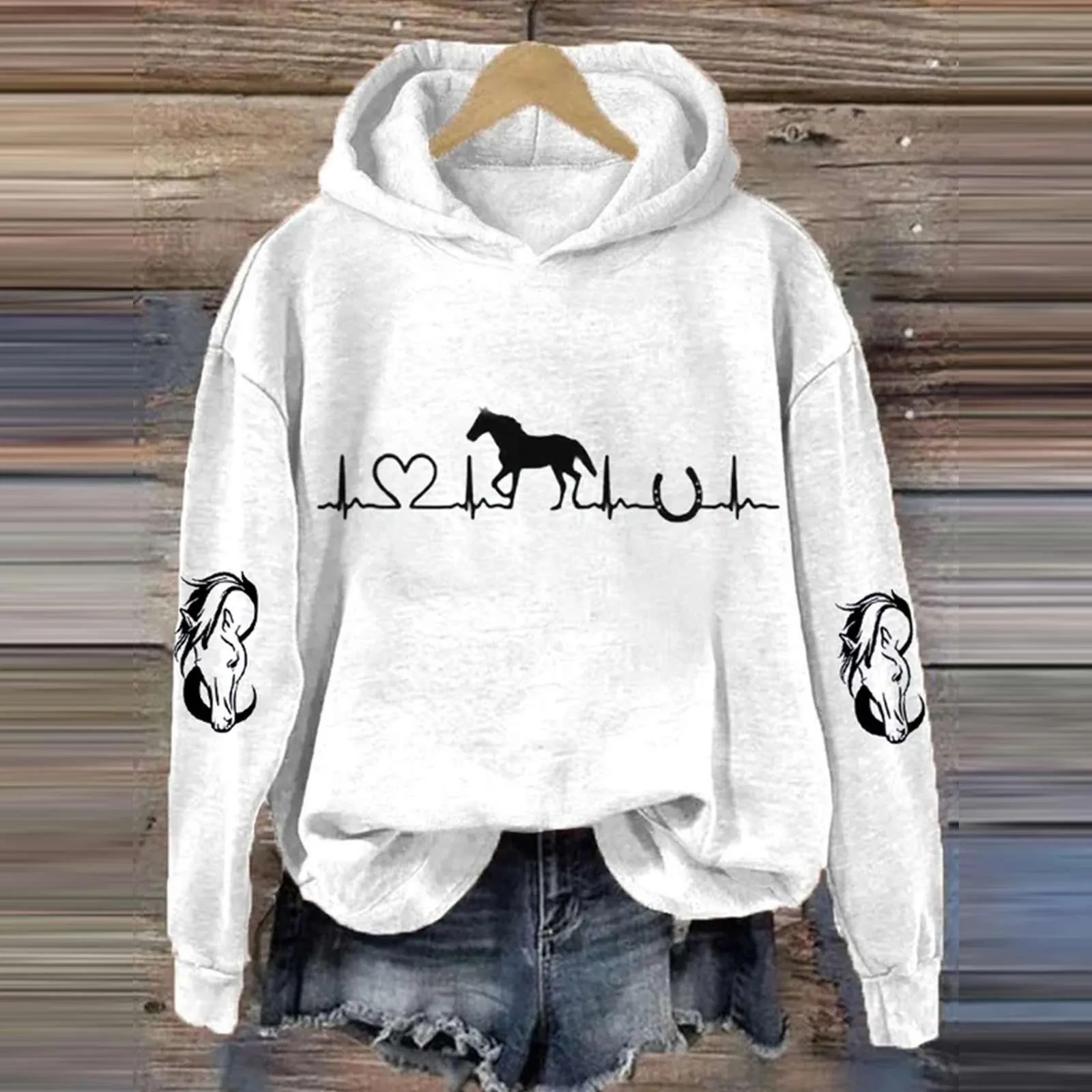 Women's Horse Heartbeat Horse Lover Casual Hoodie Casual Long Sleeve Sweatshirt Soft Fleece Sweatshirt Hood Sweatshirt Women