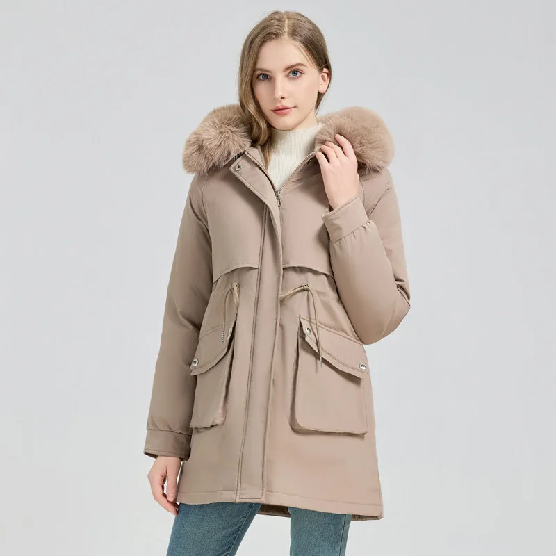 Women's Retro Fuzzy Cargo Parka side profile demonstrating drawcord waist adjustment and medium-length silhouette