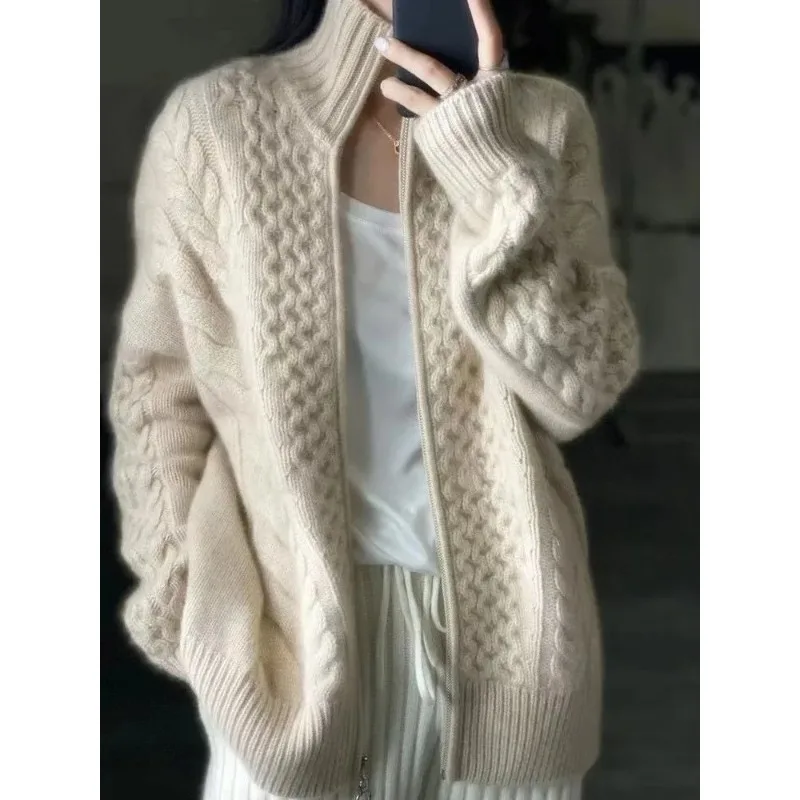 Cardigan tricoté à col roulé épais pour femme, pull ample en laine, grande taille, veste, nouvelle collection automne et hiver