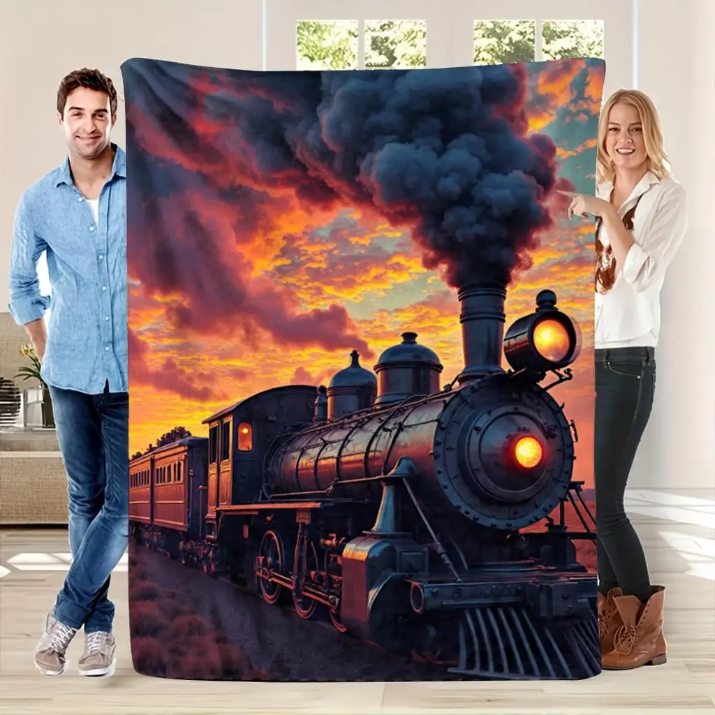 Retro train sunset pattern Flannel printed blanket suitable for all seasons suitable for living room office sofa and travel