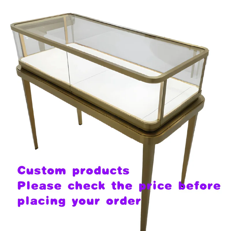 custom.Luxury Jewelry Display Showcase Brushed Frame Tempered Glass LED Counter Cabinet Boutique Retail Shopping Malls