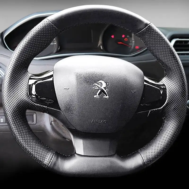 Hand-stitched Black Leather Car Steering Wheel Cover For Peugeot 308 2014 2015 2016 2017