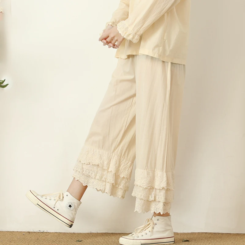 

Mori Girl Style Wide Leg Pants Multi-layer Lace Edges Women Solid Color Embroidery Cotton Loose Cropped Ankle-length Pants K057