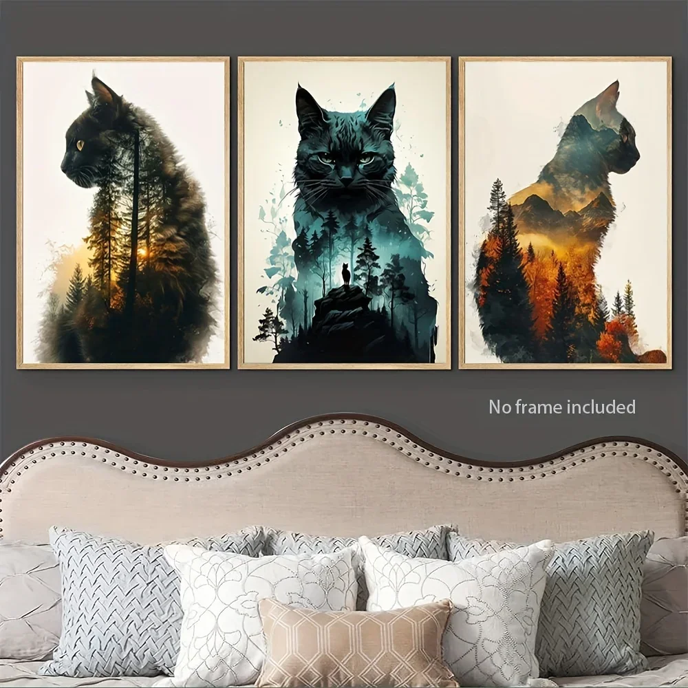 3pcs Frameless Whimsical Black Cat Canvas Wall Art Set - Ideal for Living Room, Bedroom, Dining Area, Office, Cafe, Bar, Cour