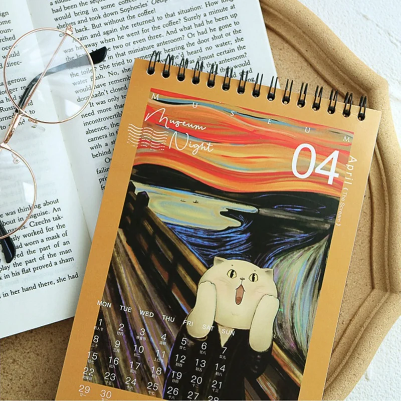 Kalender meja anak kucing, 2024 Museum kalender meja kucing malam kreatif Ins kalender Dekorasi