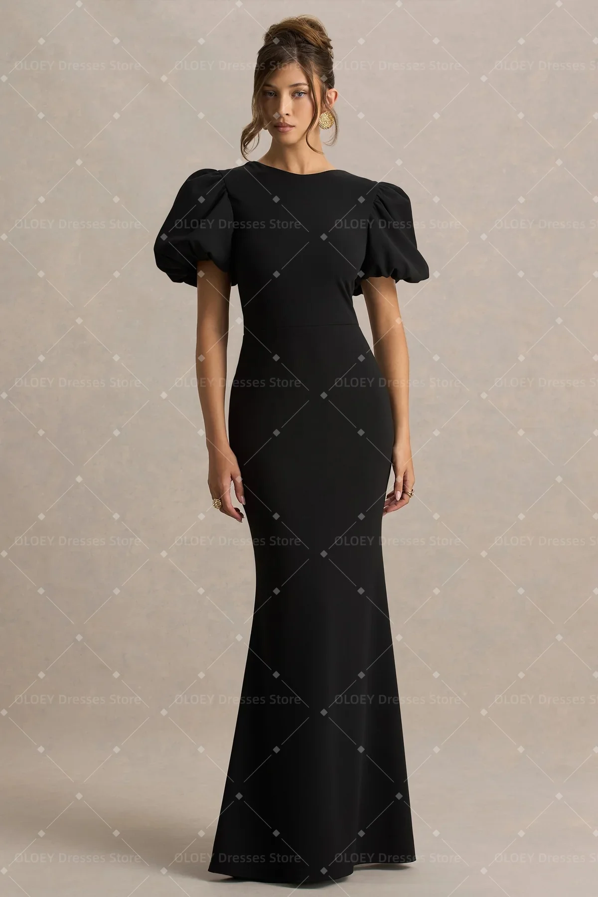 OLOEY Black Women's Evening Gown Mermaid Floor Length Formal Party Dress Short Puff Sleeves Saudi Dress With Bow Prom Dress