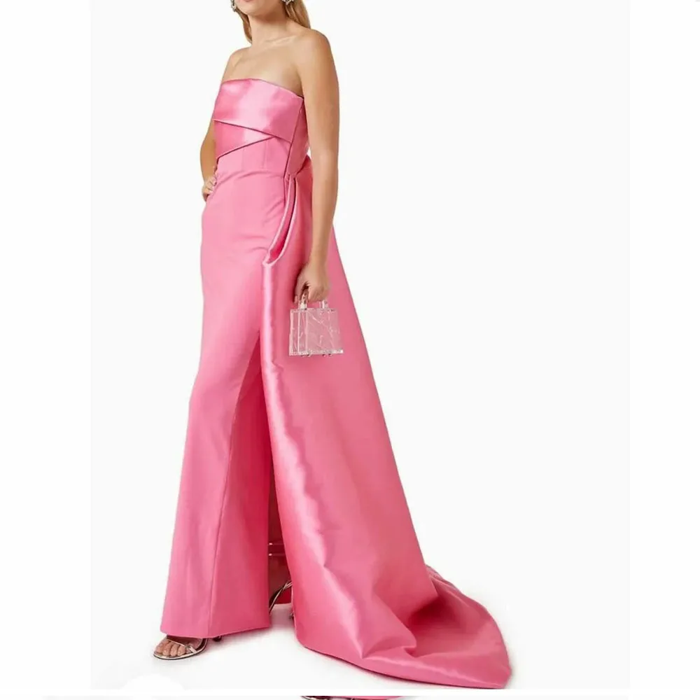 MOBEYE-Robe de Soirée Longue en Satin Rose Élégante pour Femme, avec Grande Queue Pivotante, Sirène, Sans Bretelles, Longueur au Sol, Tenue de Bal, 2024