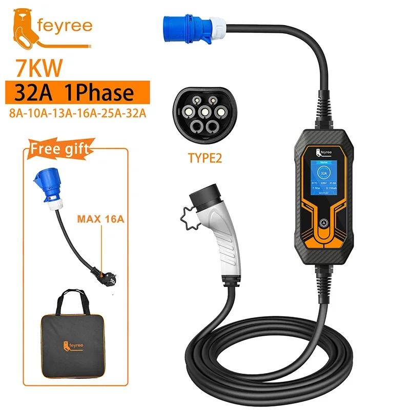 feyree Portable EV Charger Type2 7KW 32A 1Phase 5m Cable Current Adjustable EVSE Wallbox Charging Box for Electric Car Charger