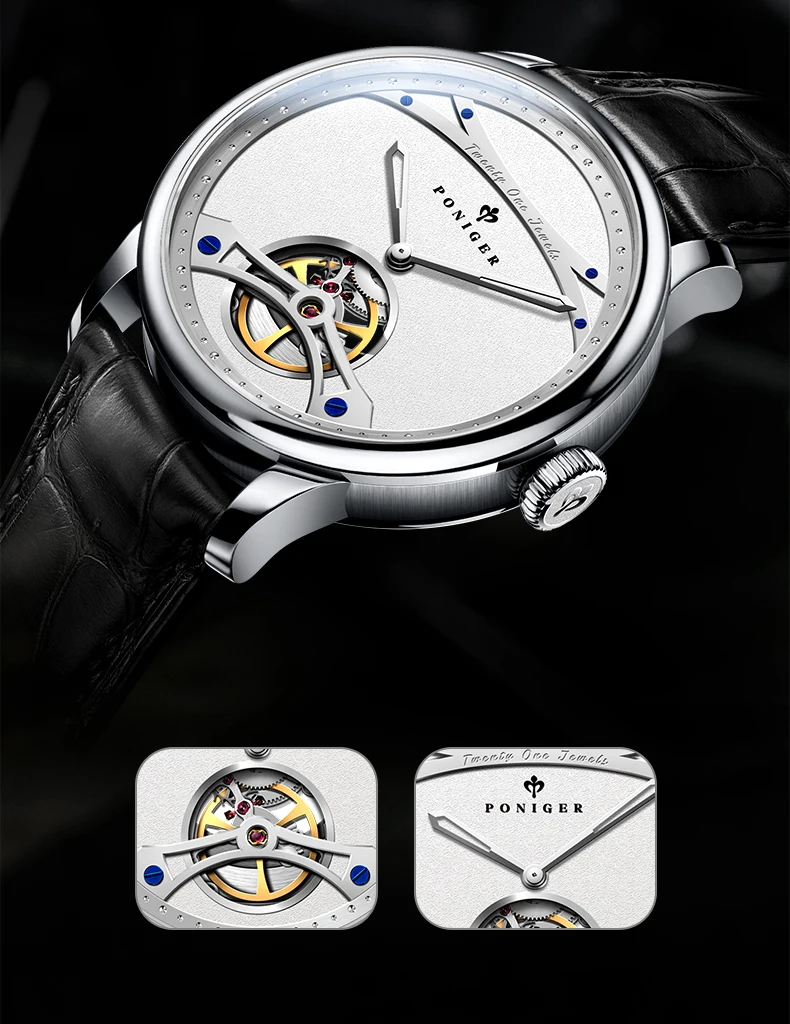 PONIGER Men Automatic Watch 41.5mm Luxury Mechanical Wristwatch Sapphire Luminous 5ATM Waterproof Skeleton Dial