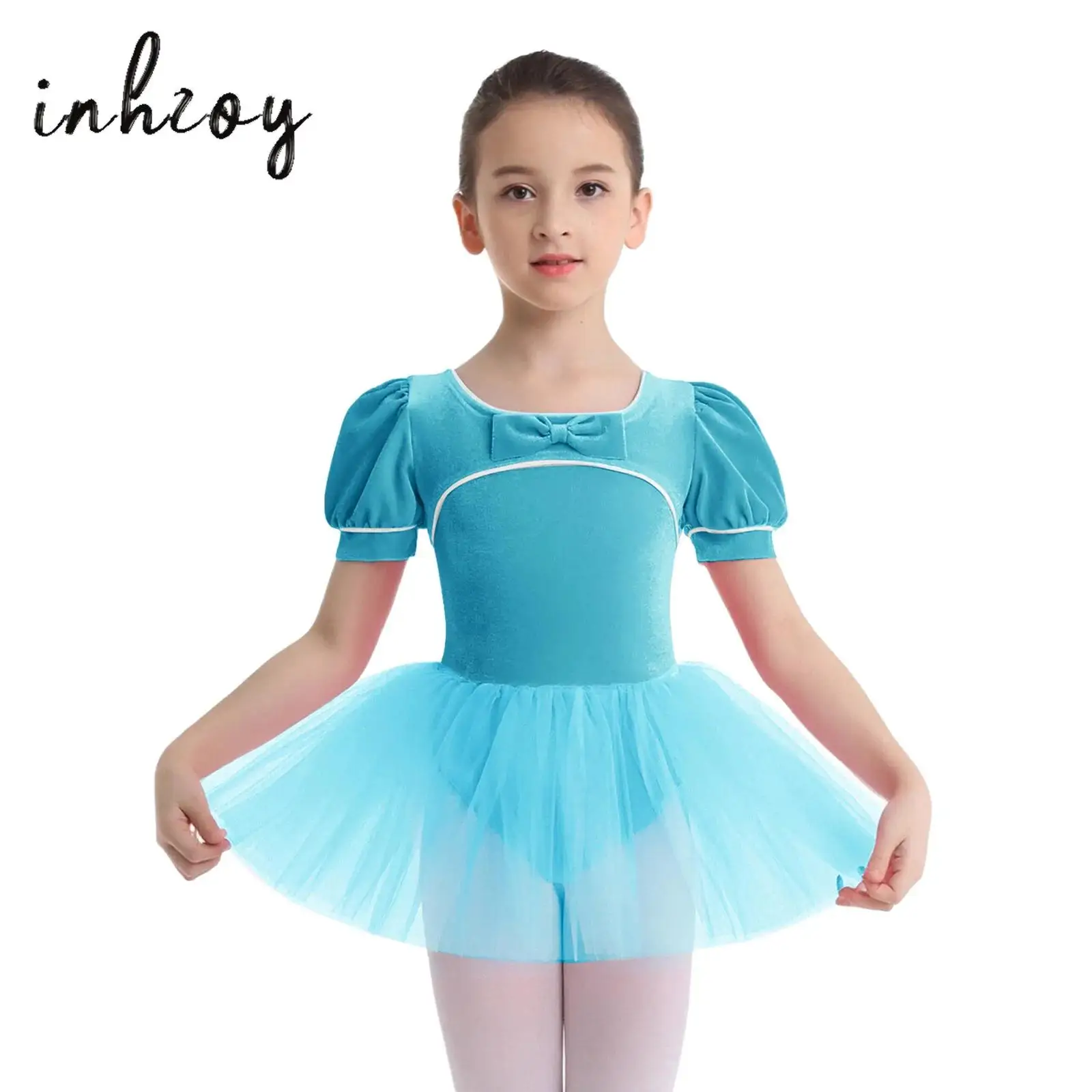 

Kids Girls Ballet Dress Bow Short Puff Sleeves Velvet Tulle Tutu Dress with Built-in Briefs for Ballerina Stage Performance