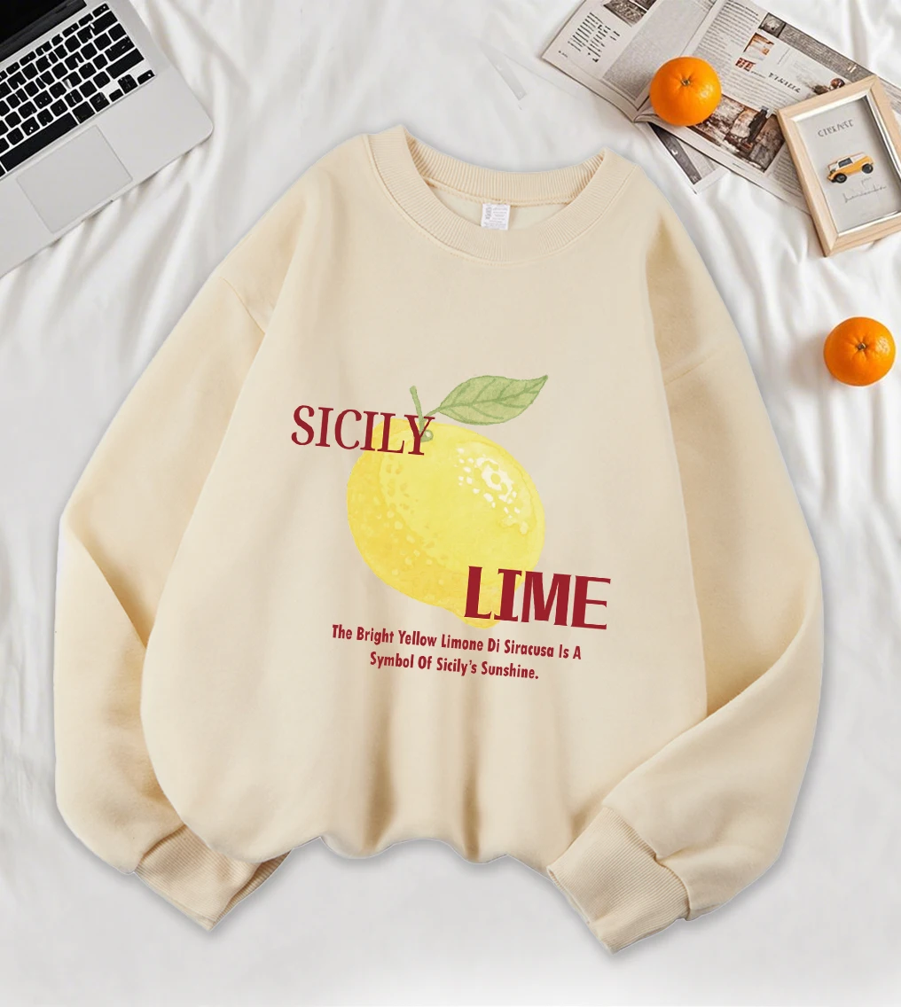 Sicília limão limão frutas criativas impresso mulher pulôver multicolorido macio y2k moletom outono roupas de lã casual o-pescoço topos