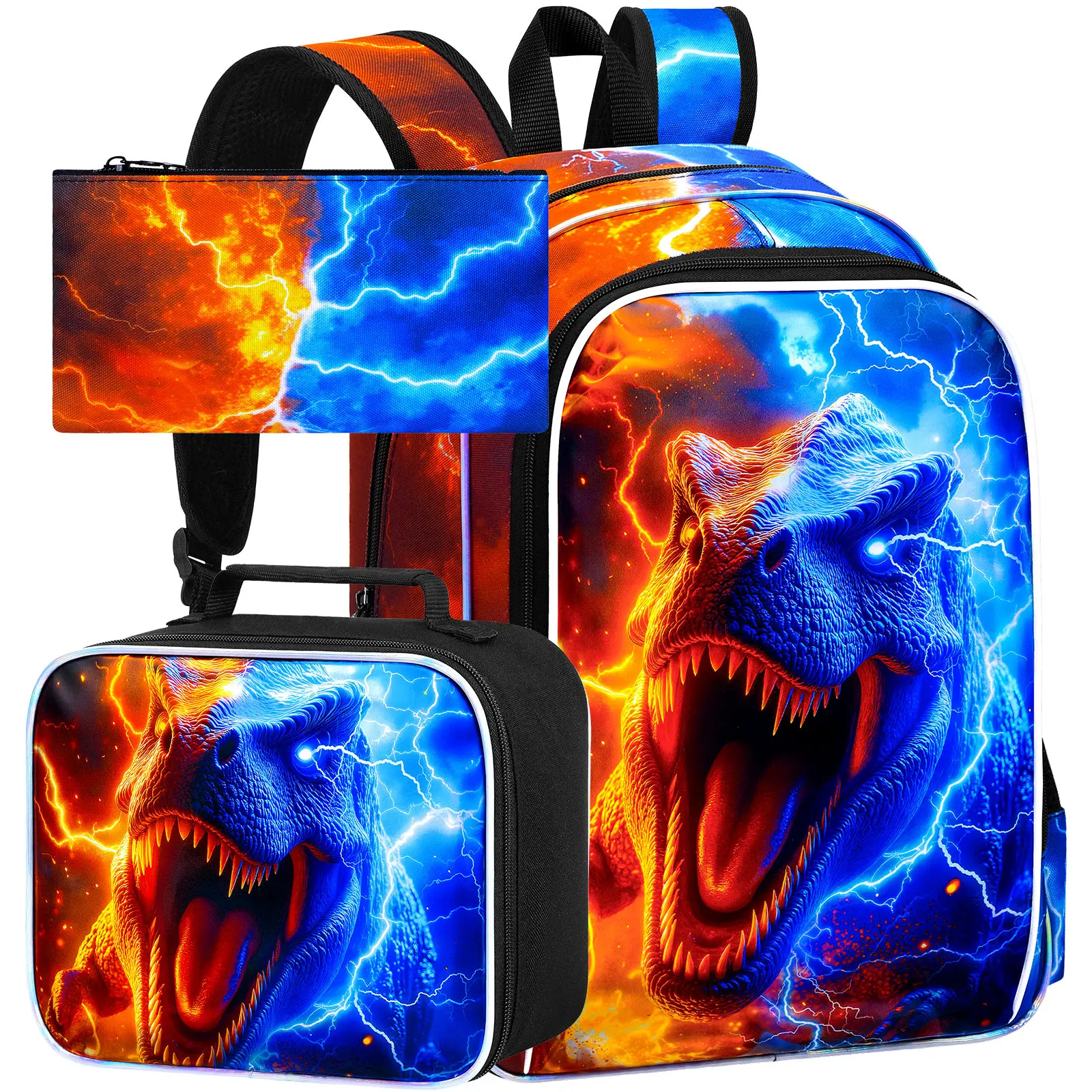 

3PCS Dinosaur Backpack for Boys, 17" Kids Bookbag with Lunch Box for Boy, Flame Thunder Backpacks Lightweight for Teen