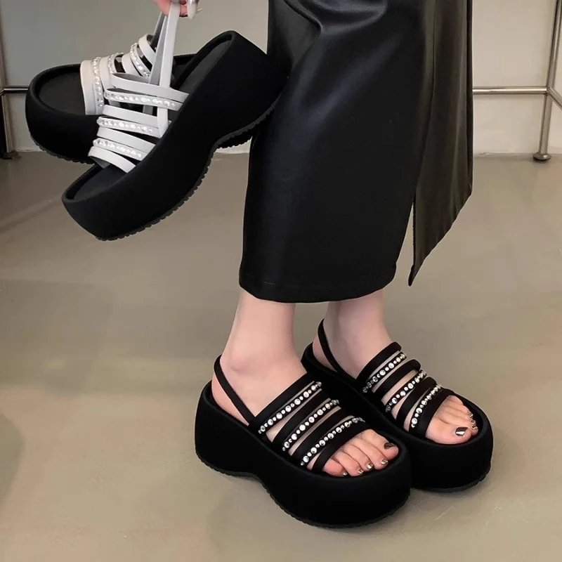 ラインストーンサンダルマフィン靴オープントゥ-2025-夏身長増加女性の靴ハイヒールエスパドリーユプラットフォームフラットピープ-gla