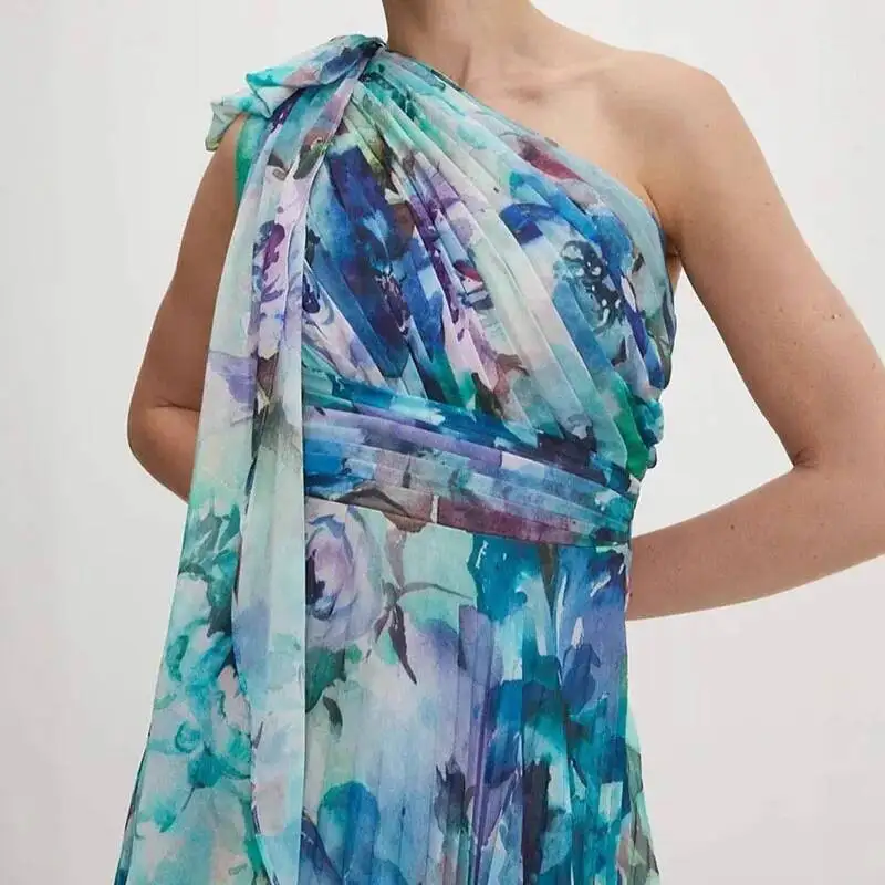 Boho Style Floral Print Pleated Maxi Womens Sexy One Shoulder Bowknot Party Summer Backless Hollow Long Dress