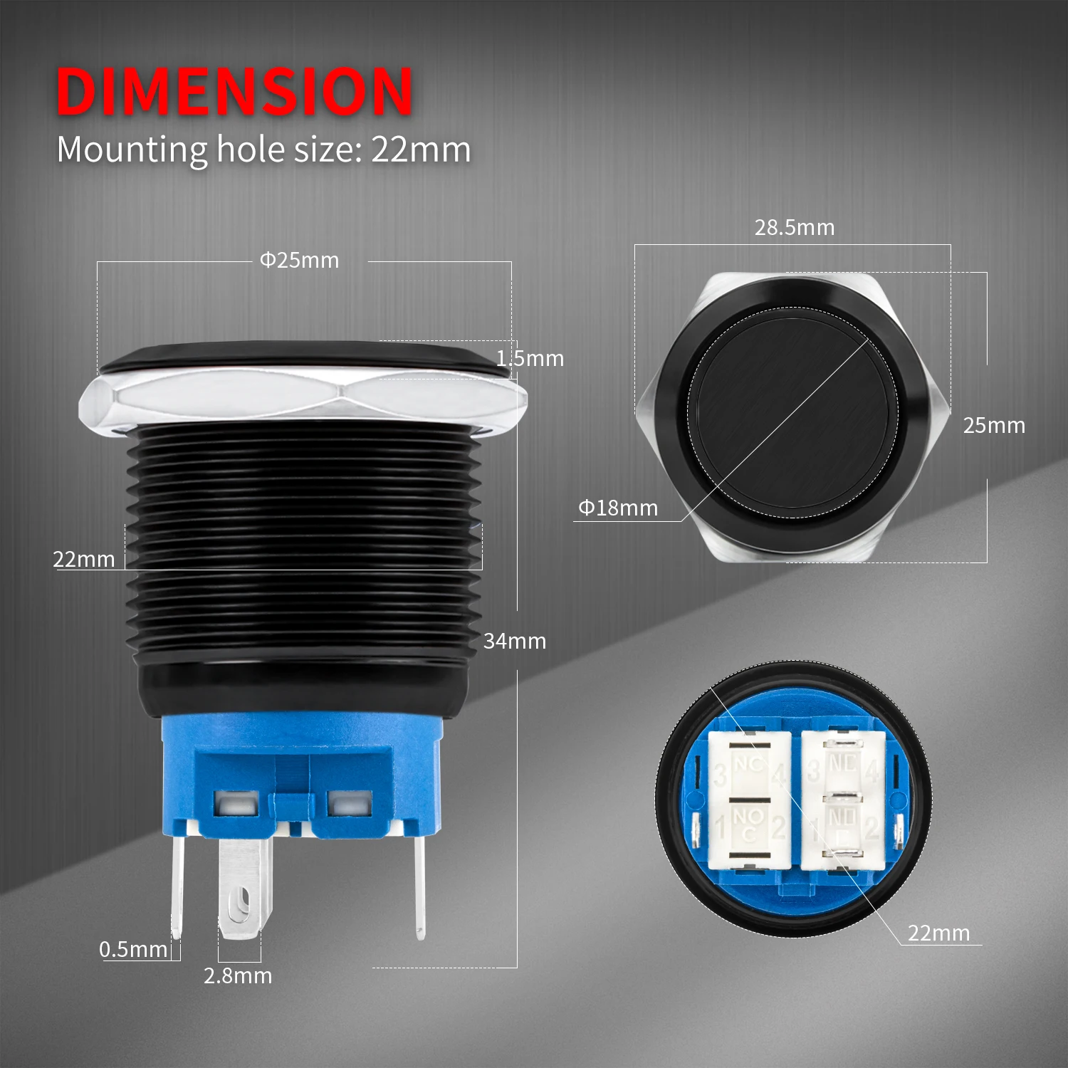 22mm Momentary Push Button Switch 12V Waterproof Blue LED Metal Push Button Switch 12 Volt DC (ON) Off SPDT Unlock Pushbutton