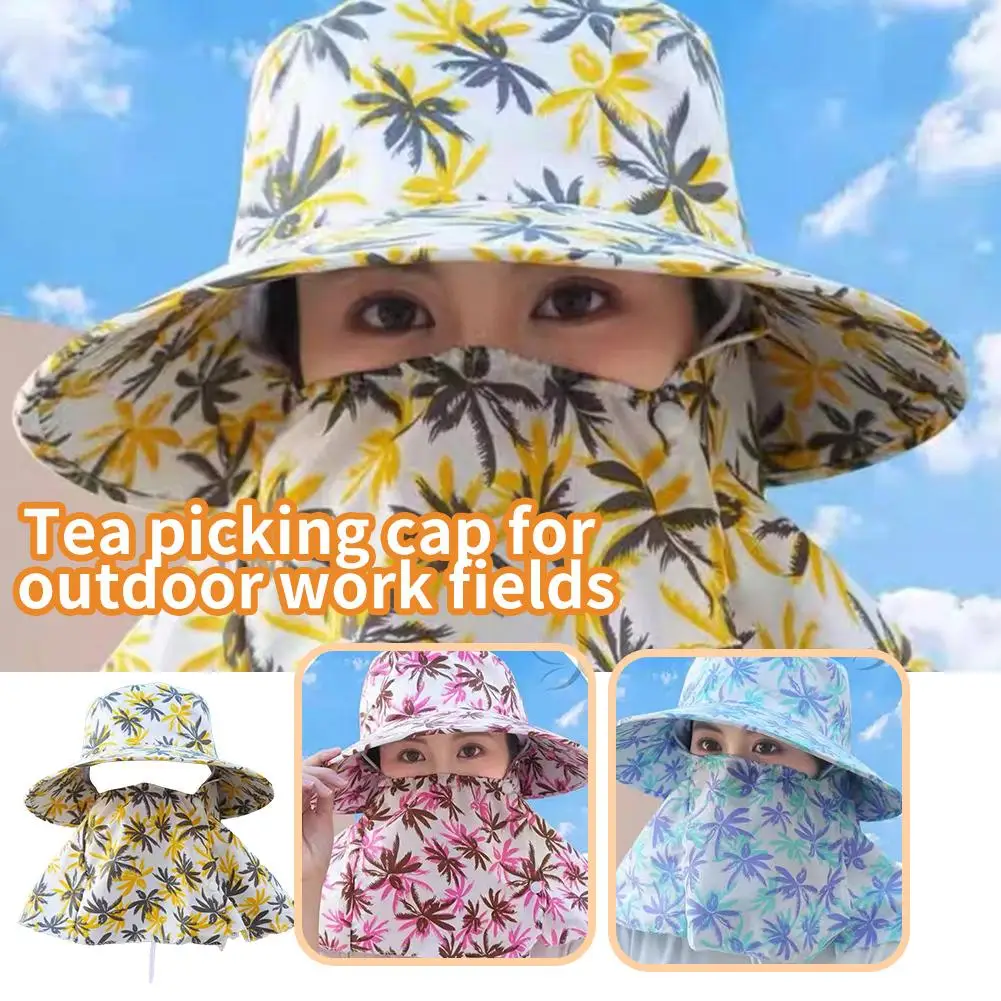 New Printed Summer Sunscreen Hat With Mask Sun Protection Hats UV Outdoor Anti Brim Breathable Working Cycling Wide Adjusta W5R4