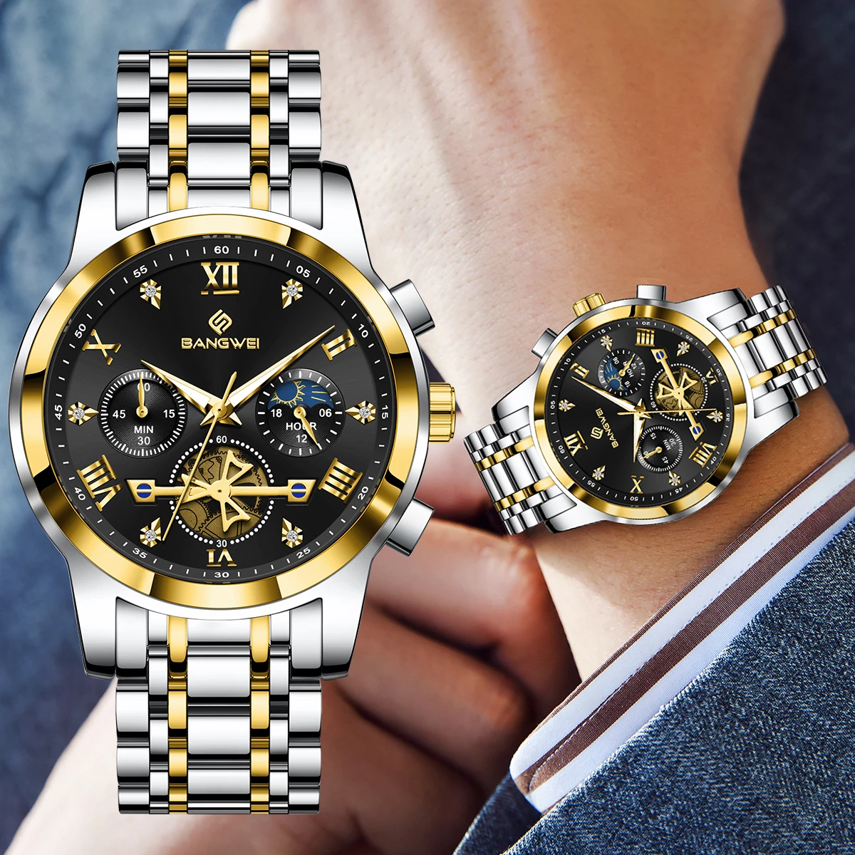 LIGE Quartz Watch for Men Flywheel Skeleton Chronograph Moon Phase Multifunctional Stainless steel Men's Wristwatches