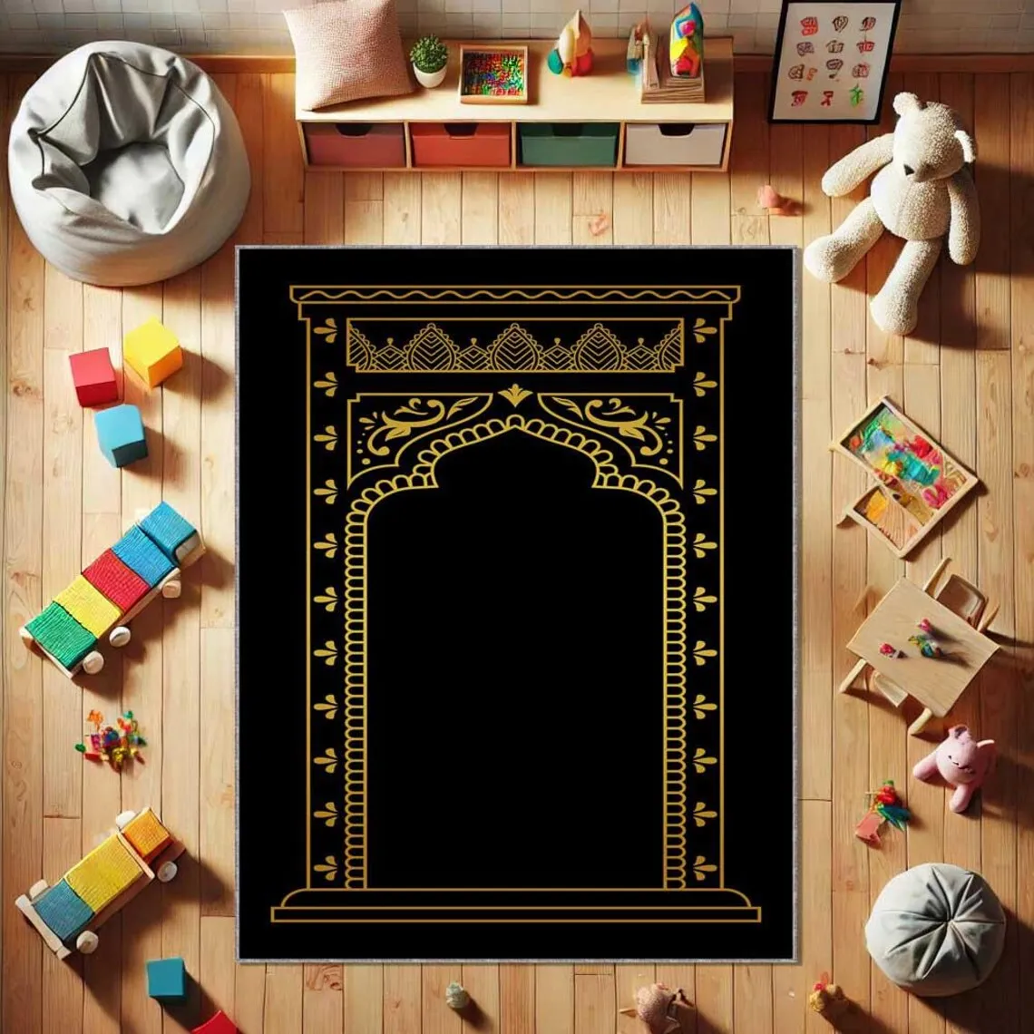 Prayer Rug Islamic Muslim Worship Floor Mat Gold Mihrab Arch Pattern Educational Prayer Carpet for  Home Gift